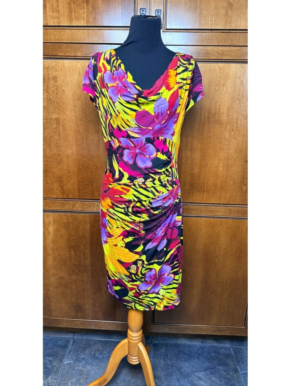 Midnight Velvet Tropical Floral Ruched Cowl Neck Dress M Multicolor